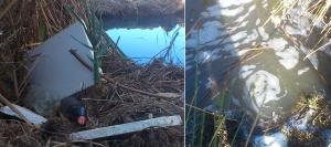 Botellas, escombros y espuma en el agua de la laguna de Padul. 