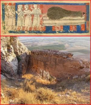 Ilustración de cómo era un cañón en 1326, según dibujo inglés. Debajo, resto de muros del castillo de Úskar, primera fortaleza batida por artillería en Europa.
