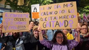 Manifestantes, con pancartas alusivas, esta tarde en als calles de Granada.