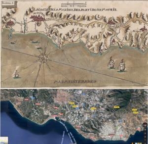 Comparación de lo que ha crecido el delta del Guadalfeo entre 1730 y la actualidad.