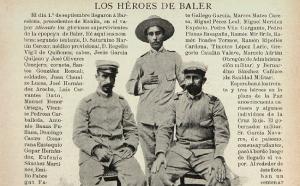 Por esta fotografía de la revista Iris (Barcelona, septiembre de 1899) España conoció a los oficiales de Baler: los tenientes Rogelio Vigil de Quiñones y Saturnino Martín Cerezo. En pie, el asistente de Cerezo. Fueron los únicos oficiales supervivientes.