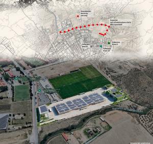Simulación del centro sobre los terrenos.