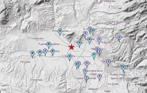 Mapa de intensidades del terremoto con epicentro (estrella roja) en Atarfe.