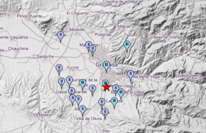 Captura de pantalla con la localización del terremoto de Armilla y los municipios en los que se ha sentido.