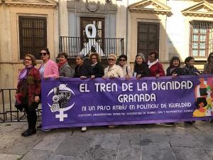 Representantes de los colectivos de mujeres junto a la sede del IAM en Granada.
