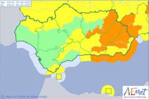 Mapa de avisos en Andalucía de la Agencia Estatal de Meteorología.