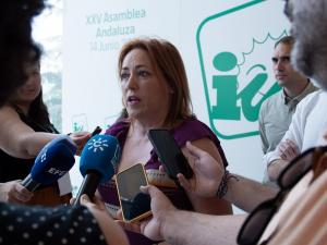 La coordinadora provincial de IU, Mari Carmen Pérez, atiende a los medios. 
