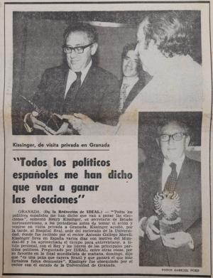 Fotos de portada con Kissinger en el Rectorado; de espaldas, Gallego Morel; al fondo aparece Domingo Sánchez Mesa. 