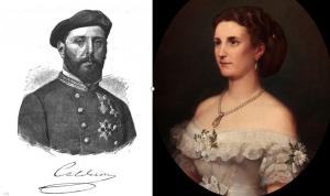 Retratos de los enamorados. Carlos Calderón vestido de brigadier carlista, en un dibujo de la Ilustración Española con motivo de su fallecimiento (número de diciembre de 1891). María Leonor de Salm-Salm, retratada en 1866 con motivo de su boda por Luis de Ribera y Fieve (Museo Romántico).