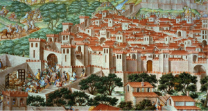 Granada en 1126. Los cruzados aragoneses debieron ver una ciudad amurallada, sólo con la Alcazaba de la Alhambra, y sumamente poblada (unos 60.000 habitantes).