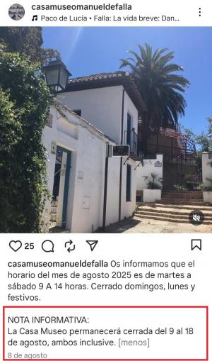 Mensaje publicado en la cuenta de Instagram de la Casa-Museo.