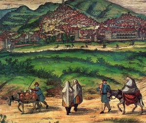 Moriscos en la Vega, con Granada al fondo. Grabado de Joris Hoefnagle (1565).