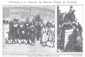 Manifestación del 1º de Mayo de 1931, con mujeres al frente y flores para el monumento a Mariana Pineda. Fuente: Revista Estampa, 9 mayo de 1931.