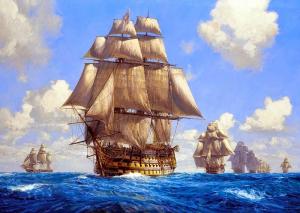La nave capitana Santísima Trinidad, en cabeza de un convoy de la carrera de Indias. En el momento de su hundimiento  en Trafalgar (1805) portaba velamen y jarcia originarios de Granada.