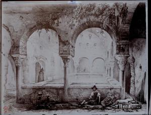 Grabado de Girault de Prangey, que vio el lavadero  en el Bañuelo  (1837). 