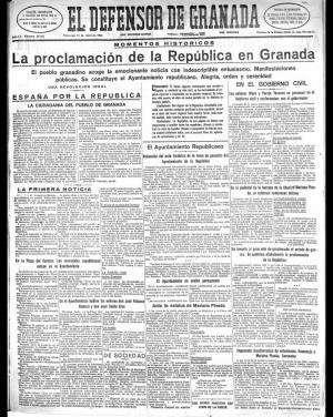 Portada de El Defensor de Granada, del 15 de abril de 1931.