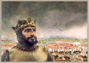 Composición que representa a Alfonso I el Batallador frente a las murallas de Granada, a partir del retrato pintado por Pradilla en 1879 y el fresco de la Batalla de la Higueruela (1431). 