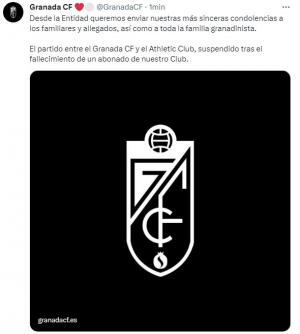 Comunicado del Granada CF en la red social X por el fallecimiento del aficionado. 