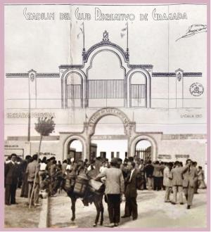 Dibujo del arquitecto de la entrada del antiguo Estadio, sin rotular, y foto posterior con el nombre ya puesto en el arco central.