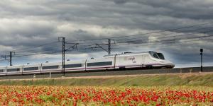 Un tren AVE pasa junto a un campo de amapolas. 