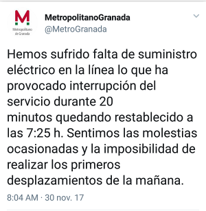 Mensaje difundido por el Metropolitano en su cuenta de twitter.