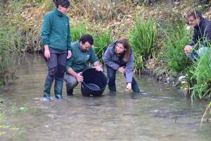 La delegada de Medio Ambiente en la suelta de los cangrejos.