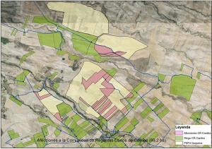 El área amarilla indica la superficie ocupada por la planta solar, la rosa las afecciones a la Comunidad de Regantes de Caniles y la verde, al riego de la comunidad.
