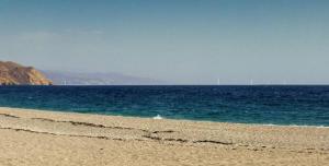 Fotomontaje de cómo se verían los aerogeneradores (en color blanco) de uno de los parques eólicos desde la playa de Calahonda, según la empresa promotora. 