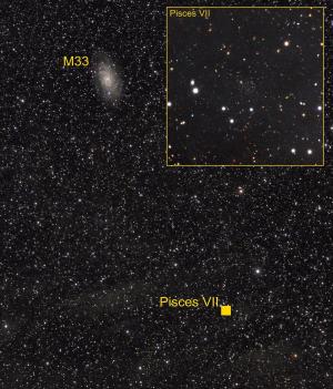 M33 y la nueva galaxia detectada, Piscis VII (en detalle en el recuadro).