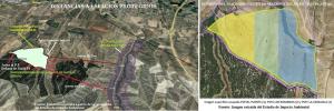A la izquierda, mapa que señala la distancia de los proyectos a los espacios protegidos y, a la derecha, extensión el proyecto.