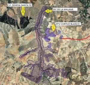 Plano que localiza la planta y líneas de evacuación sobre el terreno y su cercanía a espacios protegidos.