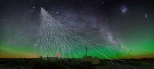 Representación artística de una lluvia de rayos cósmicos con un detector Cherenkov de agua.