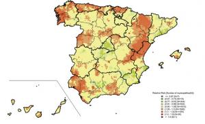 Mortalidad por cáncer de próstata en España. En rojo, las zonas más afectadas; y en verde, las que menos.