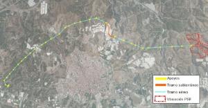 Fotovoltaica Virgen del Rosario (en rojo, a la dcha.) y línea de evacuación eléctrica, en verde. 