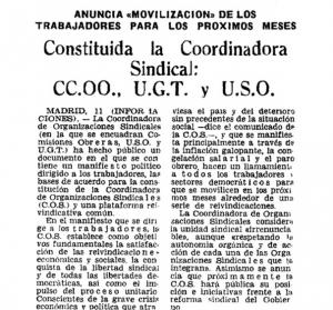 Noticia sobre la constitución de la Coordinadora de Organizaciones Sindicales del 11 de noviembre de 1976, en Informaciones. 