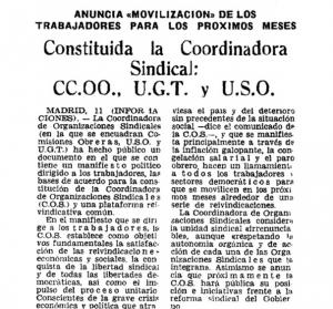 Noticia sobre la constitución de la Coordinadora de Organizaciones Sindicales del 11 de noviembre de 1976, en Informaciones. 