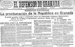 Detalle de la portada de El Defensor de Granada con la noticia de la proclamación de la República.