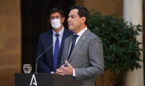 Juan Manuel Moreno, junto a Juan Marín, en Úbeda, donde se ha celebrado el Consejo de Gobierno.