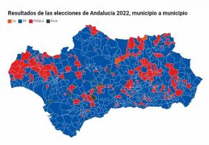 Mapa de Andalucía con los resultados, según la opción mayoritaria.