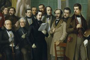 Javier de Burgos (sentado, primero por la izquierda) en el cuadro “Los poetas contemporáneos”, de A. M. Esquivel (1846). A su izquierda está Martínez de la Rosa. 