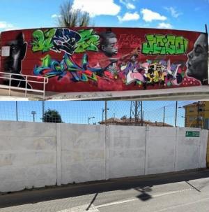 Imagen del muero con los grafittis y, de bajo, eliminados por el Ayuntamiento.