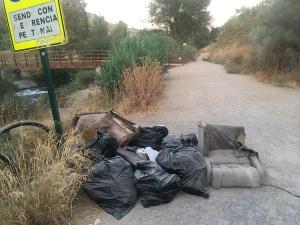 Basura y muebles acumulados en el sendero.